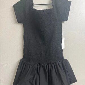 Black Smocked Puff Sleeve Mini Dress L NWT Ruffle Hem Cottagecore Trendy
